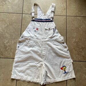 Looney Tunes Tweety Bird women's Large Overalls Shorts White Cartoon Embroidered